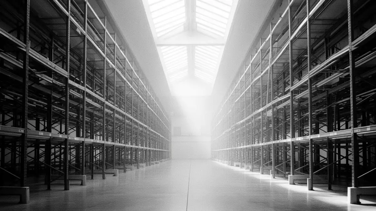 Industrial warehouse aisle with skylight